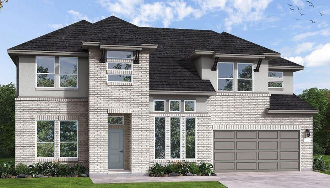 Front exterior of a new home in The Meadows at Imperial Oaks, Spring, TX, highlighting curb appeal (Image 1). Front exterior of a new home in The Meadows at Imperial Oaks, Spring, TX, highlighting curb appeal (Image 1).