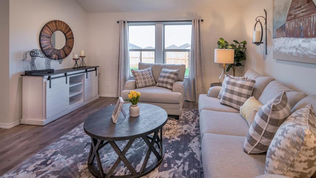 Bright living area featuring wood-finish flooring, a contemporary accent rug, and a built-in media console with sliding barn doors
