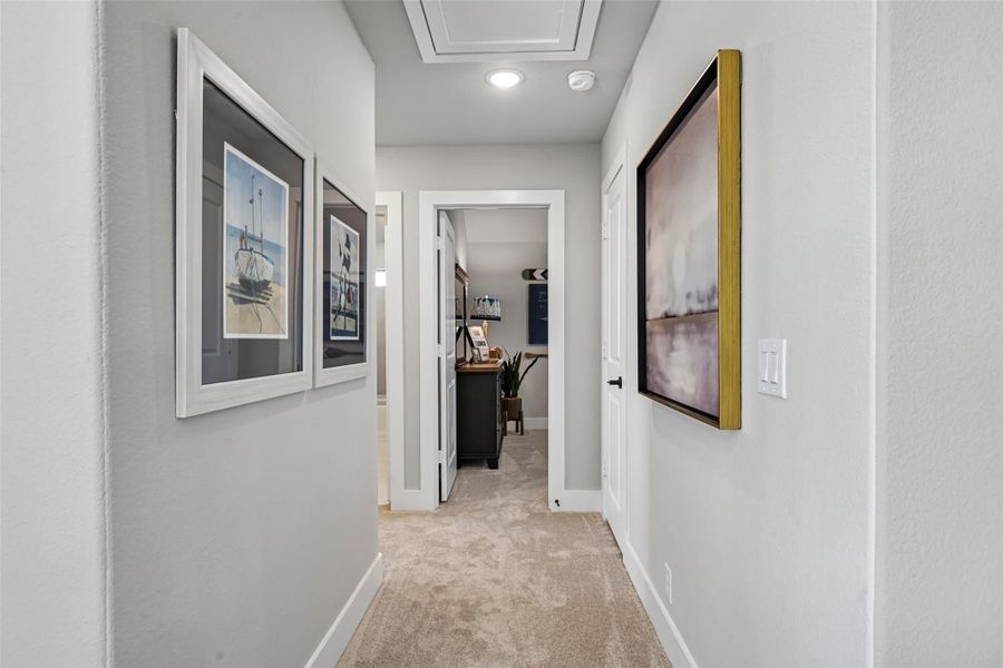 Hallway with gray walls, beige carpet, framed wall art, and an open door leading to a home office Hallway with gray walls, beige carpet, framed wall art, and an open door leading to a home office