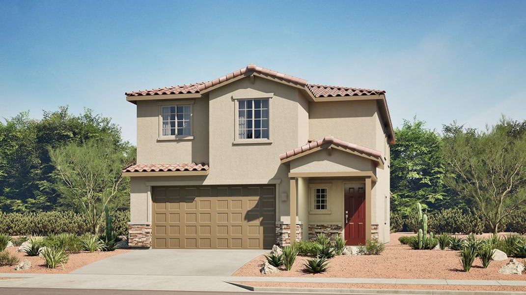 Front exterior of a new home in Rocking K, Tucson, AZ, highlighting curb appeal (Image 1). Front exterior of a new home in Rocking K, Tucson, AZ, highlighting curb appeal (Image 1).
