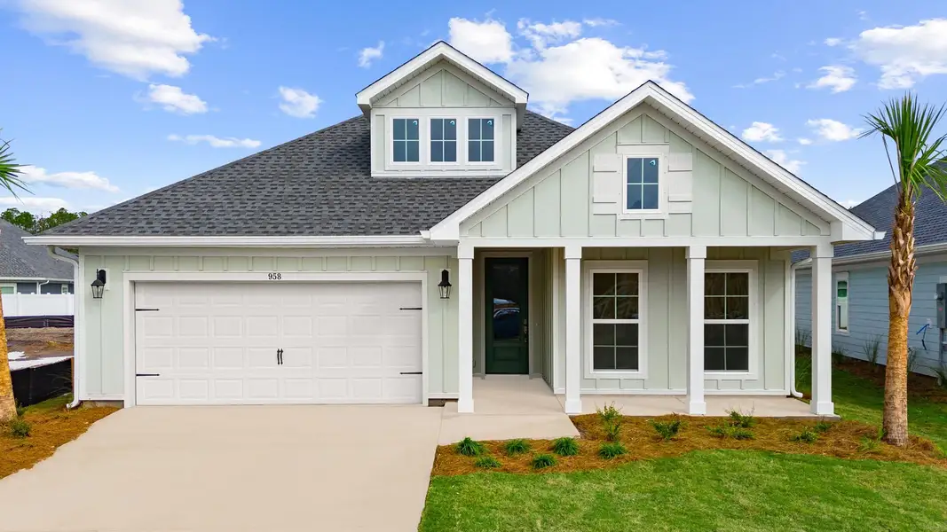 Front exterior of a new home in Breakfast Point East Phase II, Panama City Beach, FL, highlighting curb appeal (Image 1). Front exterior of a new home in Breakfast Point East Phase II, Panama City Beach, FL, highlighting curb appeal (Image 1).