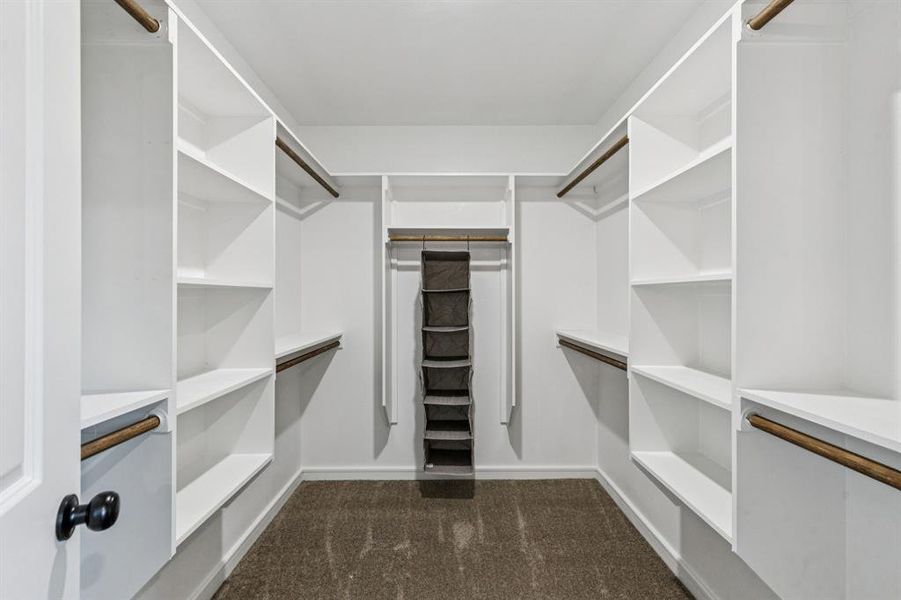 Spacious closet featuring dark colored carpet