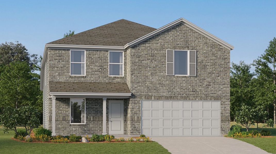 Front exterior of a new home in Ridge View Estates, Seguin, TX, highlighting curb appeal (Image 1).
