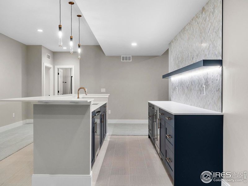 Wet bar with mini fridge and dishwasher