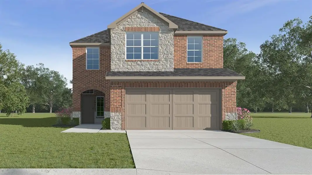 Front exterior of a new home in The Reserve at Spiritas Ranch, Little Elm, TX, highlighting curb appeal (Image 1).