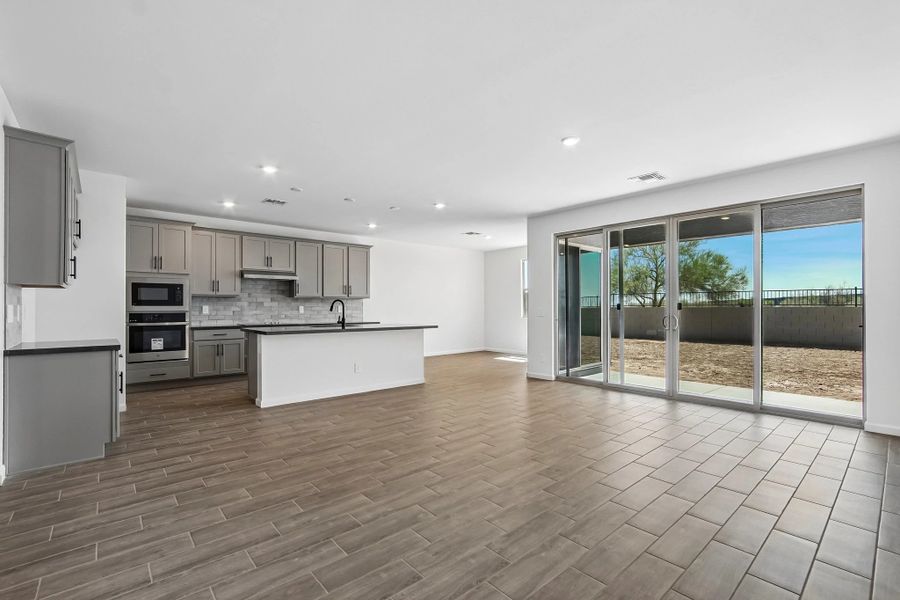 Great room, kitchen and dining Great room, kitchen and dining