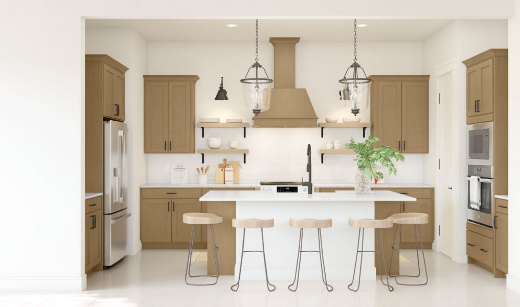 Kitchen with pendant lighting and floating shelves