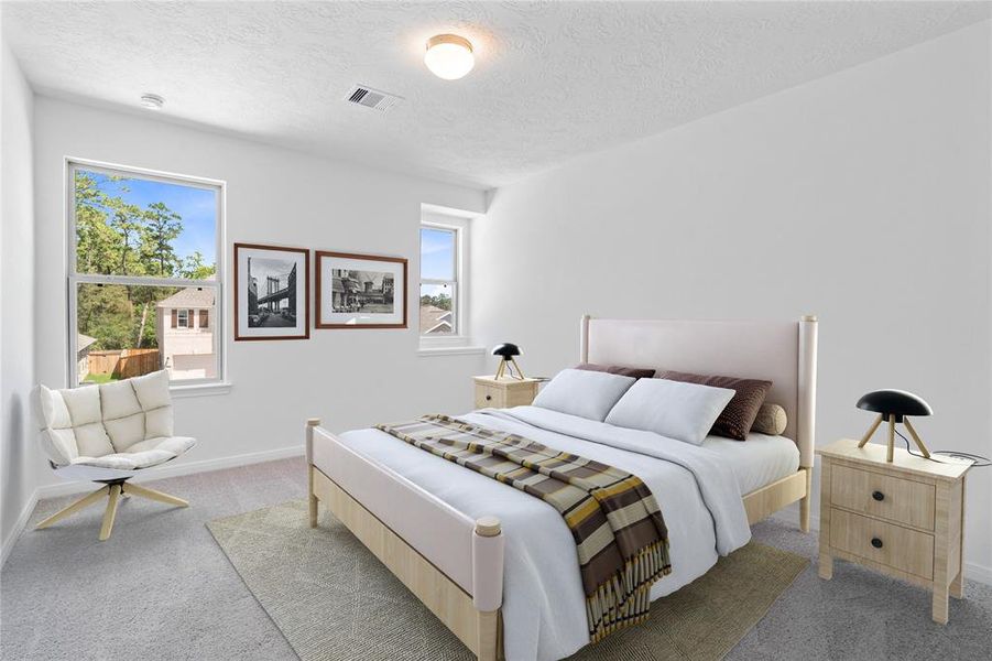 Secondary bedroom features plush carpet, neutral paint, lighting, large window with privacy blinds and ample sized closet space.