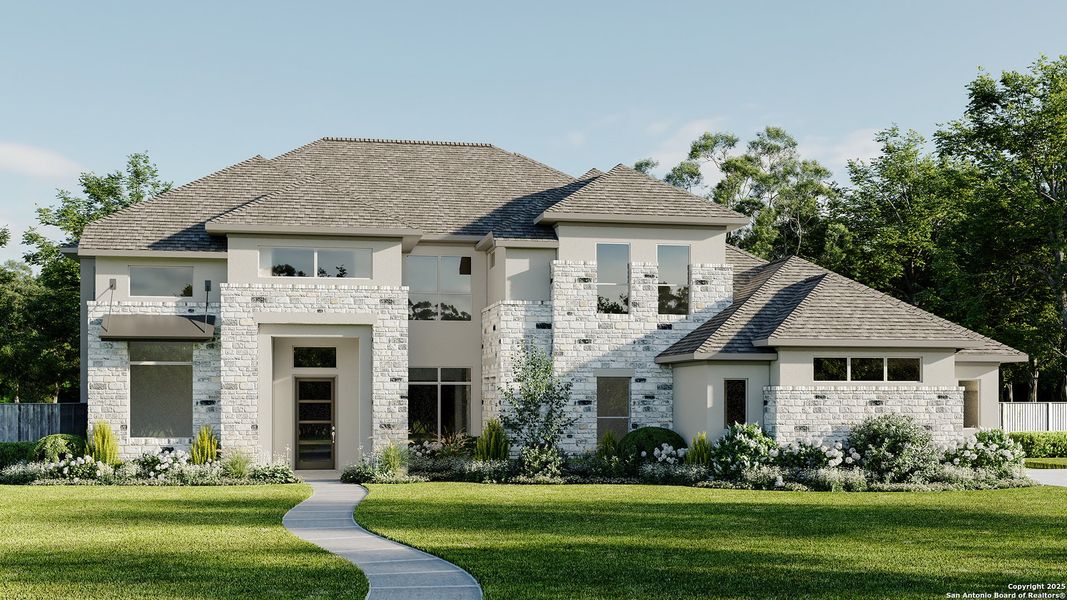 Front exterior of a new home in The Preserve At Elm Creek 1 Acre, New Braunfels, TX, highlighting curb appeal (Image 1). Front exterior of a new home in The Preserve At Elm Creek 1 Acre, New Braunfels, TX, highlighting curb appeal (Image 1).