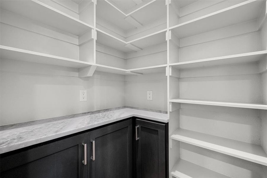 Butler's pantry with custom shelving and cabinets with beautiful stone counter tops