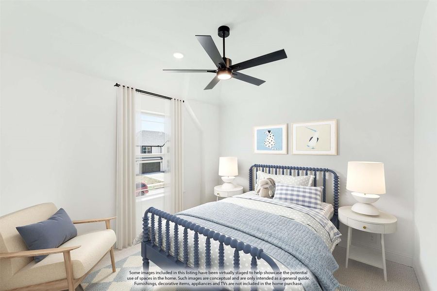 Bedroom with blue spindle bed, ceiling fan, white walls, and a window with sheer curtains