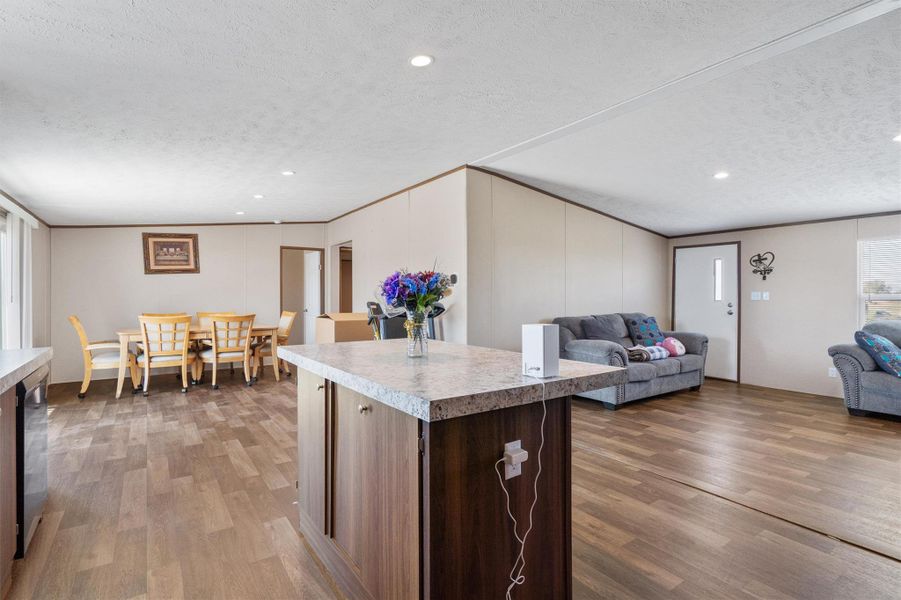 Wood-look flooring sweeps through a versatile open floorplan connecting the kitchen and living areas.