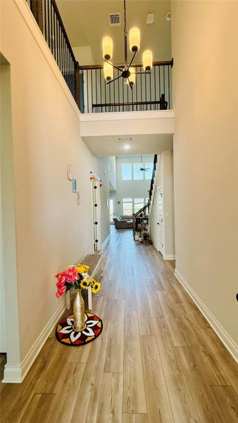 A spacious entry hallway with warm wood-look flooring extends towards a bright living area.
