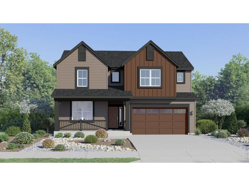 Front exterior of a new home in Timber Lark, Fort Collins, CO, highlighting curb appeal (Image 1). Front exterior of a new home in Timber Lark, Fort Collins, CO, highlighting curb appeal (Image 1).