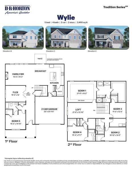 2D floor plan layout for the WYLIE by D.R. Horton in The Manors at Swift Creek Farm, Clayton, NC (Image 3).