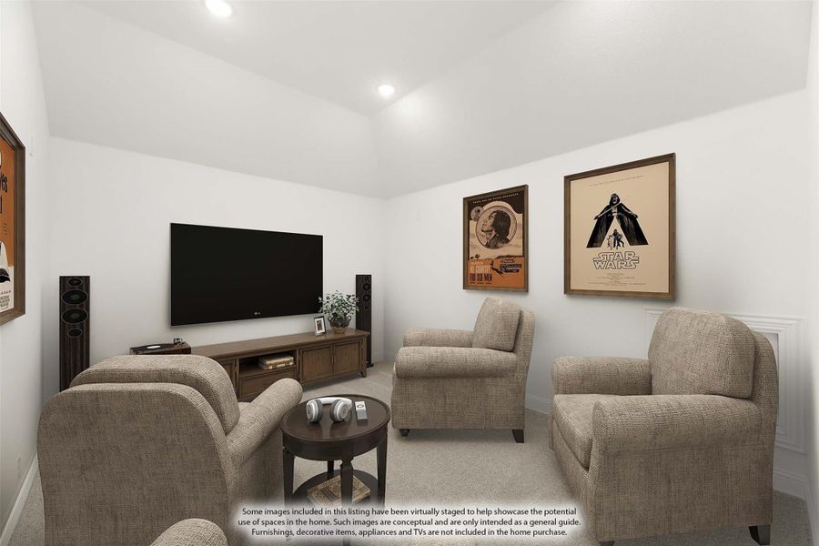 Media room with large wall-mounted TV, three armchairs, and framed movie posters on white walls Media room with large wall-mounted TV, three armchairs, and framed movie posters on white walls