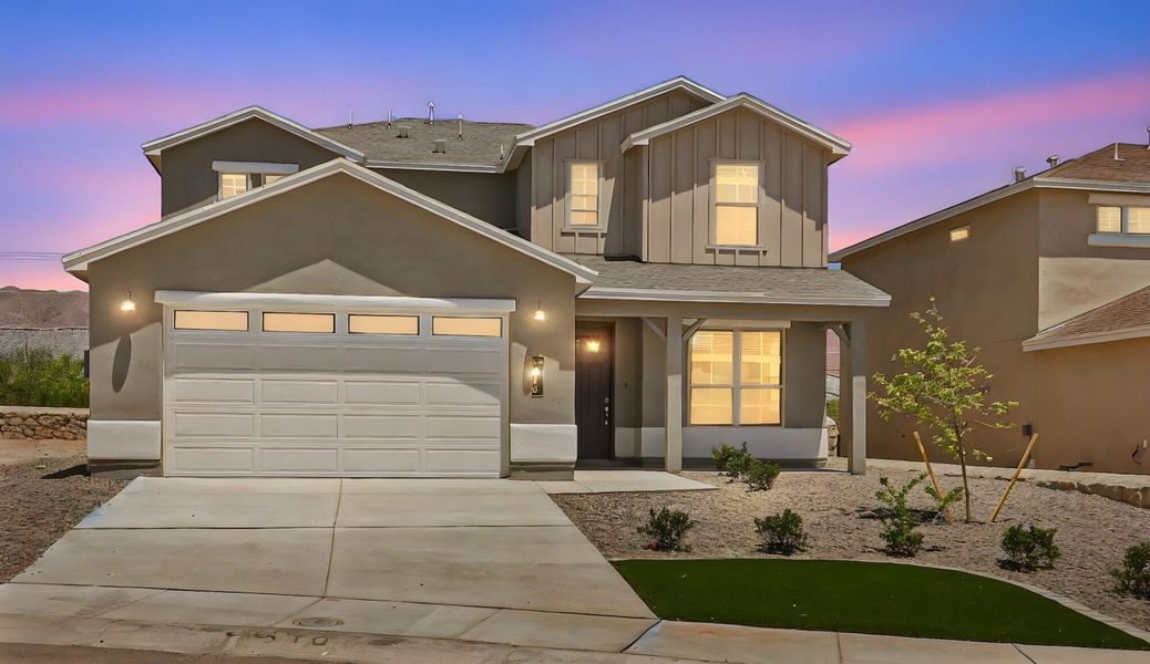 Front exterior of a new home in The View at Desert Springs | Thoughtful Collection, El Paso, TX, highlighting curb appeal (Image 2). Front exterior of a new home in The View at Desert Springs | Thoughtful Collection, El Paso, TX, highlighting curb appeal (Image 2).