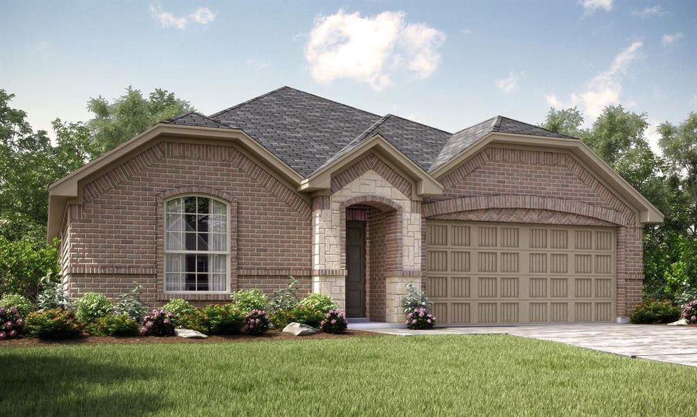 View of front facade with a front yard and a garage