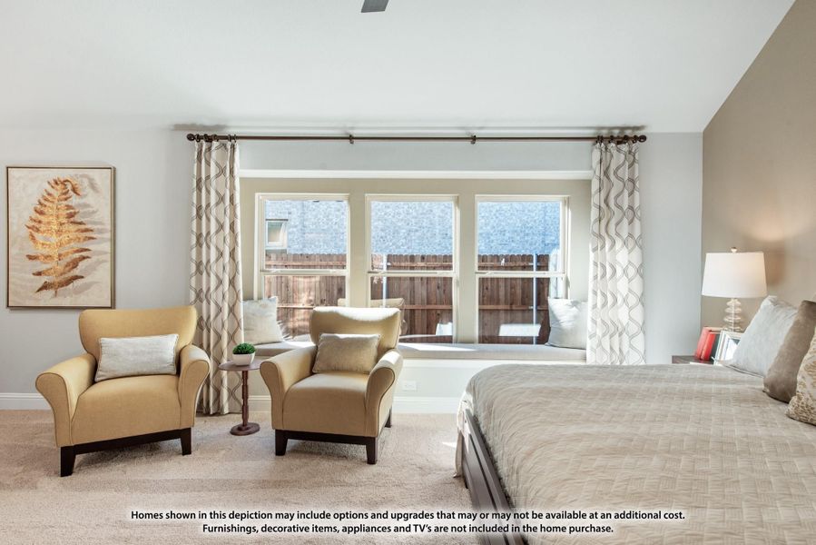 Spacious master bedroom with vaulted ceiling, sitting area, two armchairs, and large windows with patio view. Spacious master bedroom with vaulted ceiling, sitting area, two armchairs, and large windows with patio view.