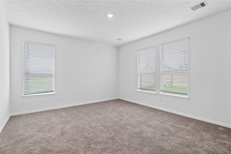 Relax and recharge in this stunning primary suite! This expansive room offers plush carpeting, neutral-toned walls, high ceilings, and large windows—perfect for unwinding after a long day.