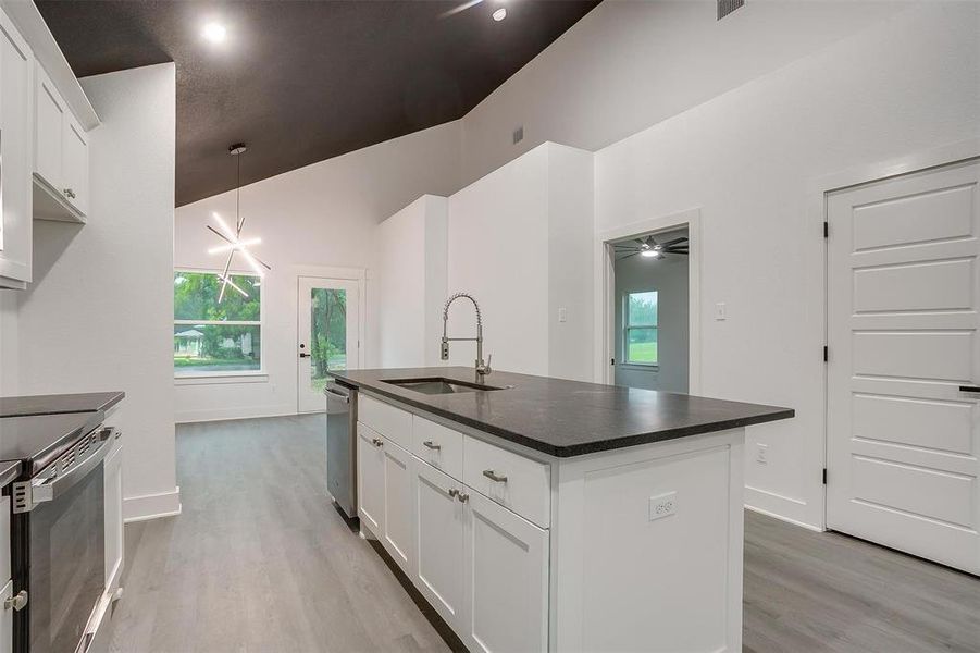 Kitchen with stainless steel appliances, dark countertops, light wood-style floors, and plenty of natural light