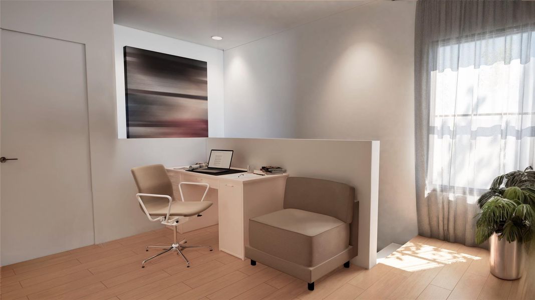 Office with wood finished floors