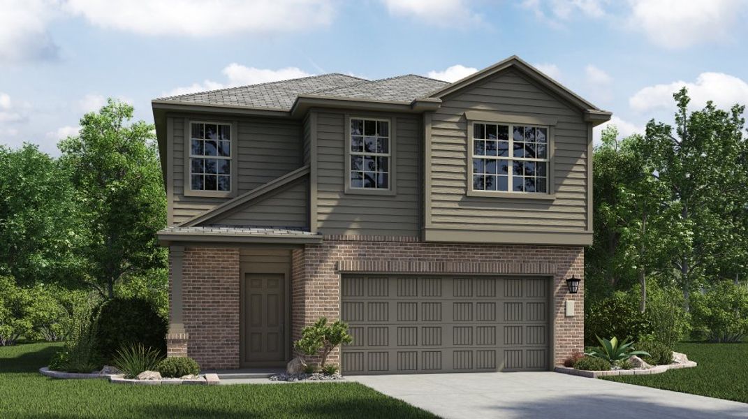 Front exterior of a new home in Woodfield Preserve, Georgetown, TX, highlighting curb appeal (Image 1). Front exterior of a new home in Woodfield Preserve, Georgetown, TX, highlighting curb appeal (Image 1).