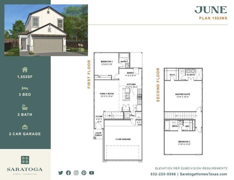 This image showcases a two-story home with a modern exterior, offering 1,553 sq ft of space. It features 3 bedrooms, 3 bathrooms, and a 2-car garage. The first floor includes a family room, kitchen, dining area, and a bedroom with a bath. The second floor has a primary suite and an additional bedroom. Perfect for comfortable living.The image is not the actual home; it is a home with the same floor plan in the neighborhood. Finishes may vary. This image showcases a two-story home with a modern exterior, offering 1,553 sq ft of space. It features 3 bedrooms, 3 bathrooms, and a 2-car garage. The first floor includes a family room, kitchen, dining area, and a bedroom with a bath. The second floor has a primary suite and an additional bedroom. Perfect for comfortable living.The image is not the actual home; it is a home with the same floor plan in the neighborhood. Finishes may vary.
