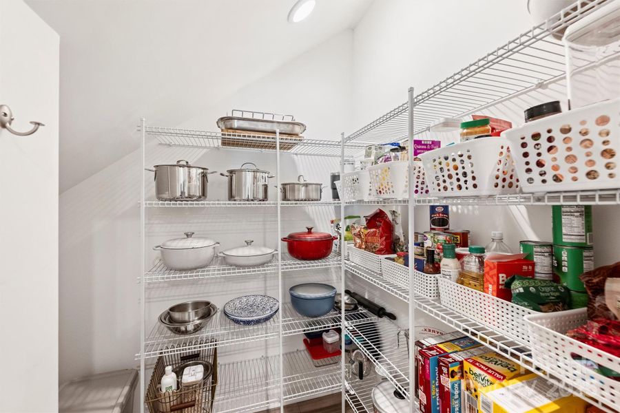 This awesome walk-in pantry has room for food, staples and larger cooking pieces.