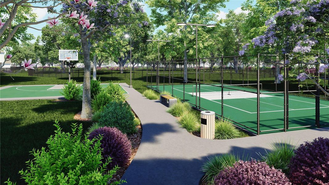 Surrounding community with a tennis court Surrounding community with a tennis court