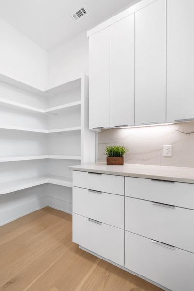 Ample storage solutions define this well-appointed pantry, featuring generous shelving and pristine cabinetry.