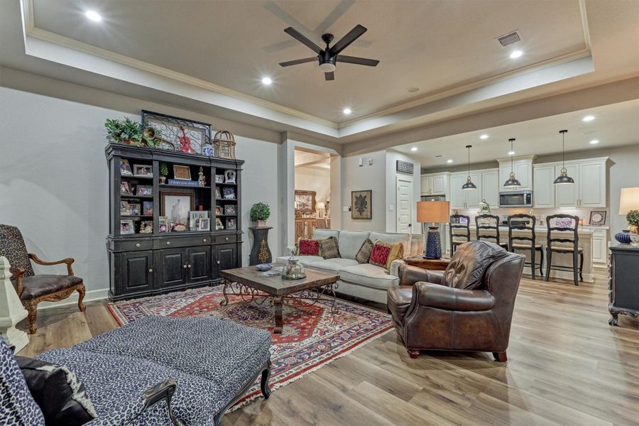 From the living room on to the kitchen you can see the detail and fine craftmanship beautifully carried throughout the home. From the living room on to the kitchen you can see the detail and fine craftmanship beautifully carried throughout the home.