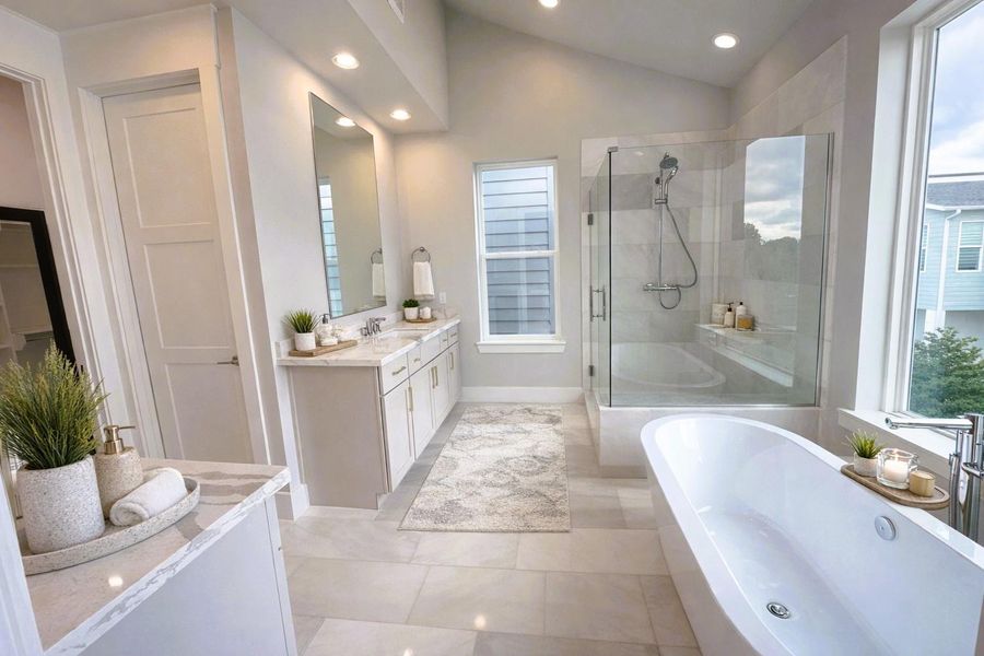 Gorgeous, Well Designed Primary Bathroom - Separate Wall Vanities - Free Standing Tub - Frameless Shower (Picture was virtually enhanced/staged)