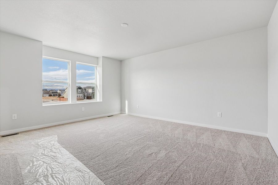 A room with a carpet and a window.
