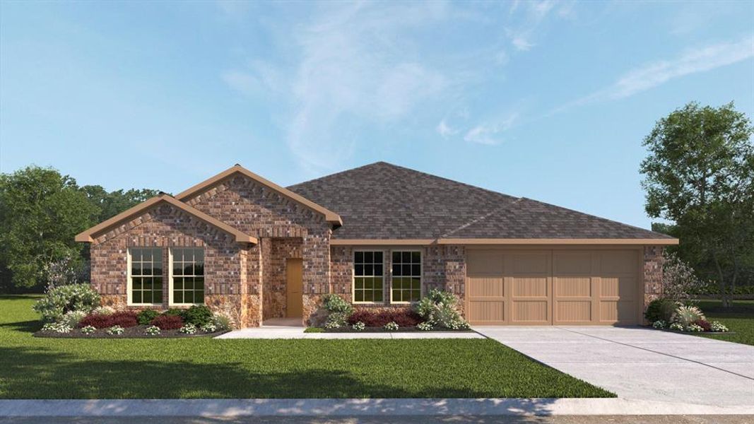 Ranch-style home with stone siding, a front lawn, driveway, and an attached garage