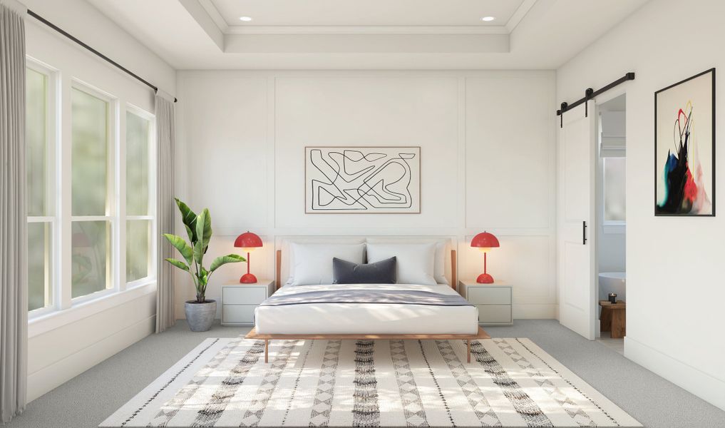 Primary suite with decorative feature wall Primary suite with decorative feature wall