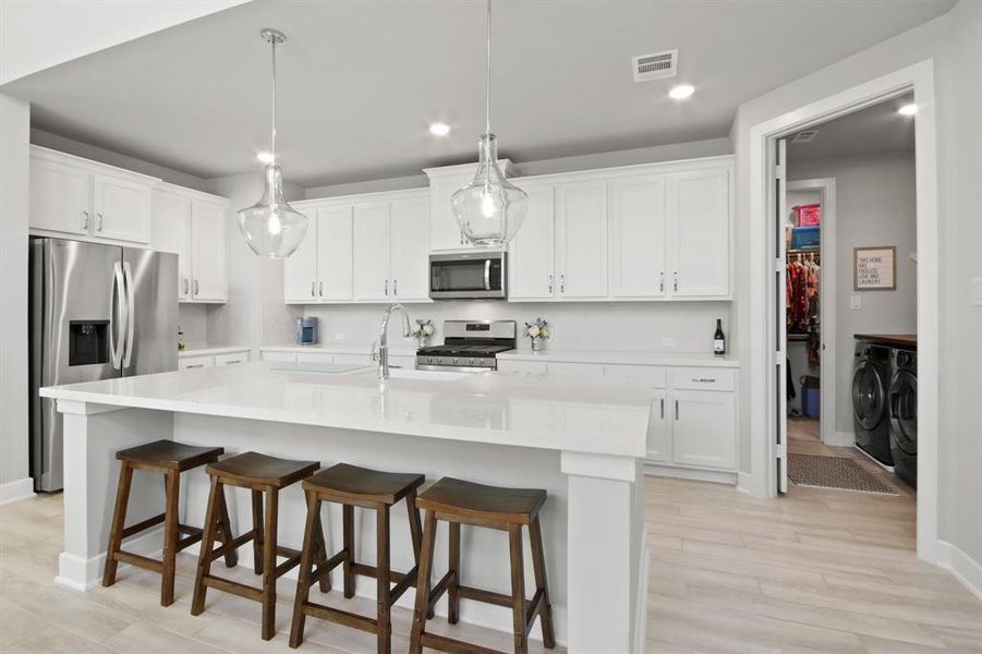 This beautiful immaculate kitchen has an abundance of cabinet space and beautiful quartz countertops.