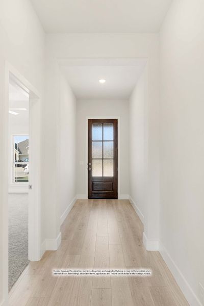 Hallway with light wood floors, white walls, and dark wood front door with glass panels Hallway with light wood floors, white walls, and dark wood front door with glass panels