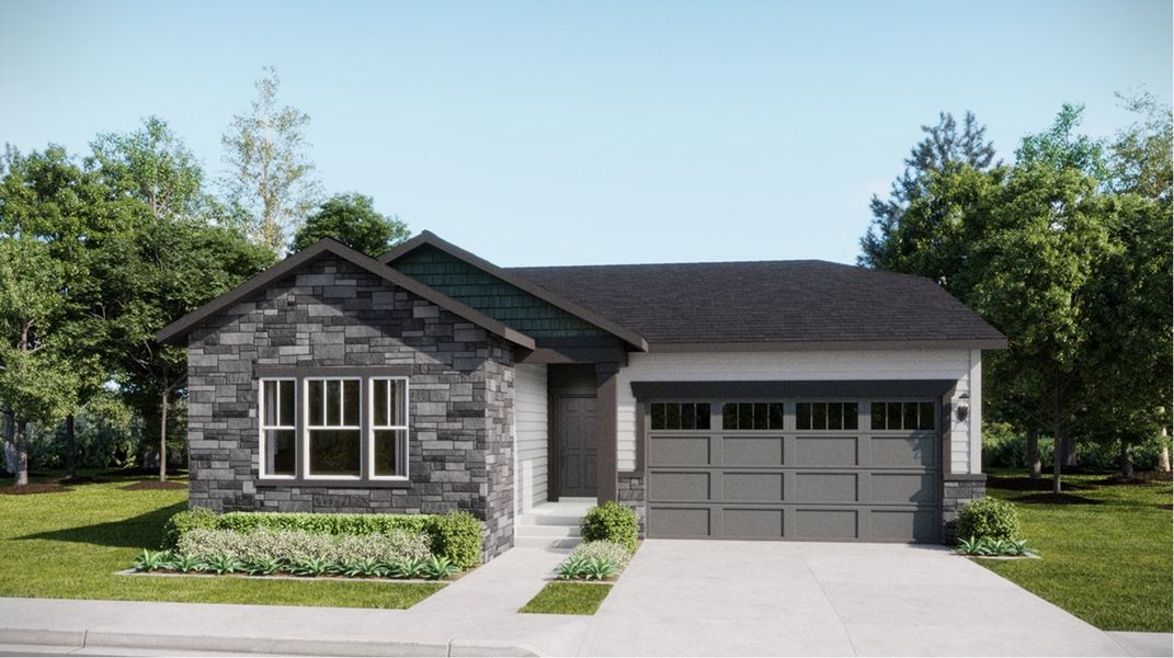 Front exterior of a new home in Ledge Rock, Johnstown, CO, highlighting curb appeal (Image 1). Front exterior of a new home in Ledge Rock, Johnstown, CO, highlighting curb appeal (Image 1).