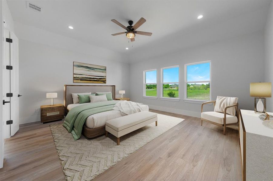 Virtual Staging - Bedroom with recessed lighting, light wood-style flooring, and a ceiling fan Virtual Staging - Bedroom with recessed lighting, light wood-style flooring, and a ceiling fan