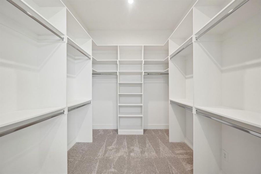 Walk in closet with light colored carpet