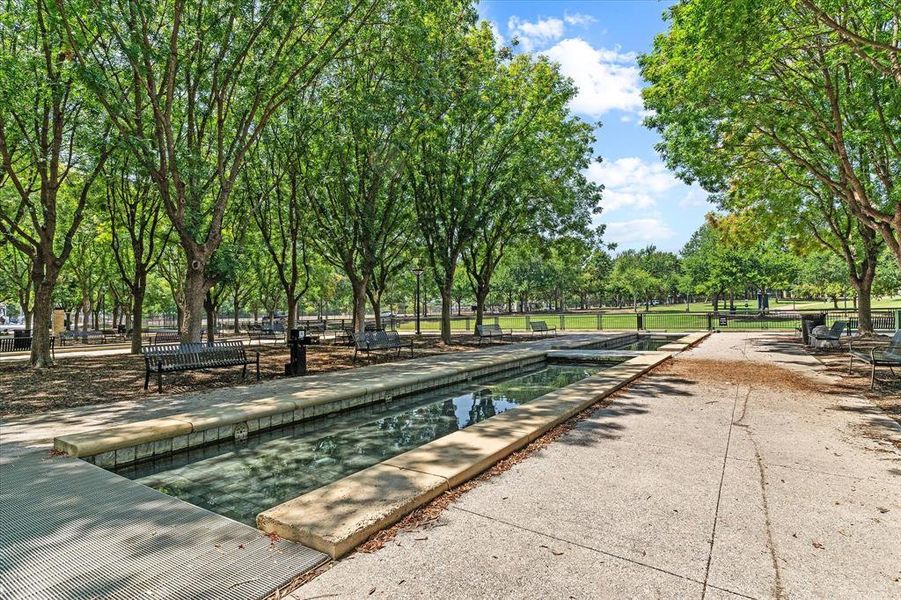 Concrete walkway bordered by a decorative water feature and mature trees Concrete walkway bordered by a decorative water feature and mature trees