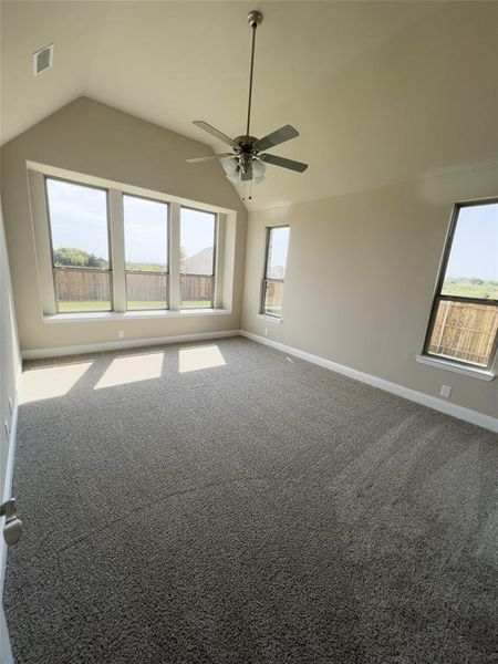 Carpeted spare room with ceiling fan, plenty of natural light, and vaulted ceiling