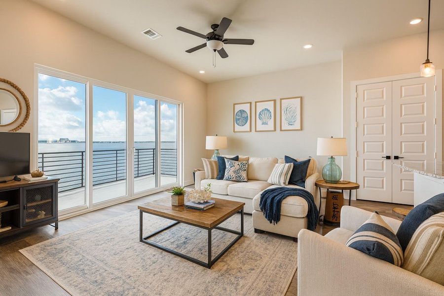 Virtually staged living room with a view