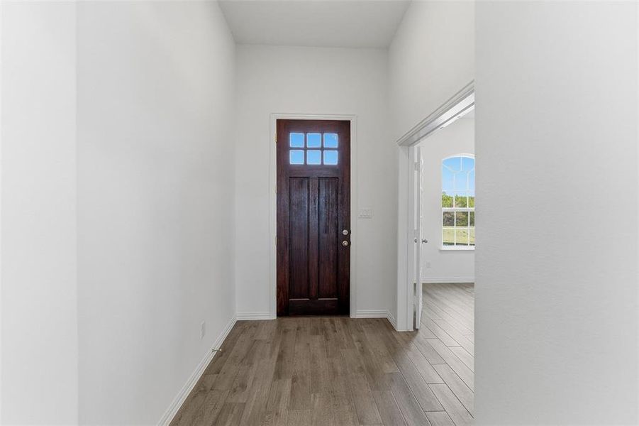 Entryway featuring wood finished floors and baseboards