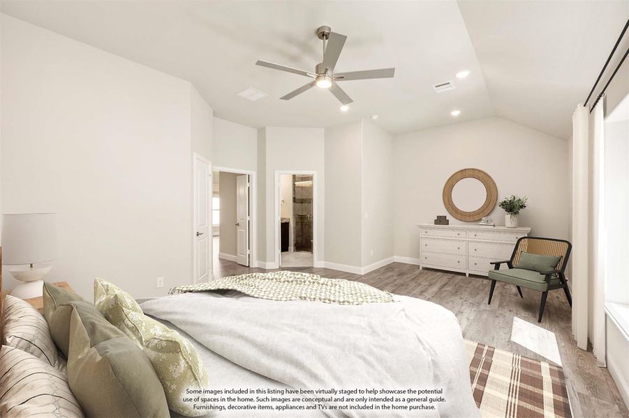 Bedroom with vaulted ceiling, ceiling fan, hardwood floors, and ensuite bathroom doorway