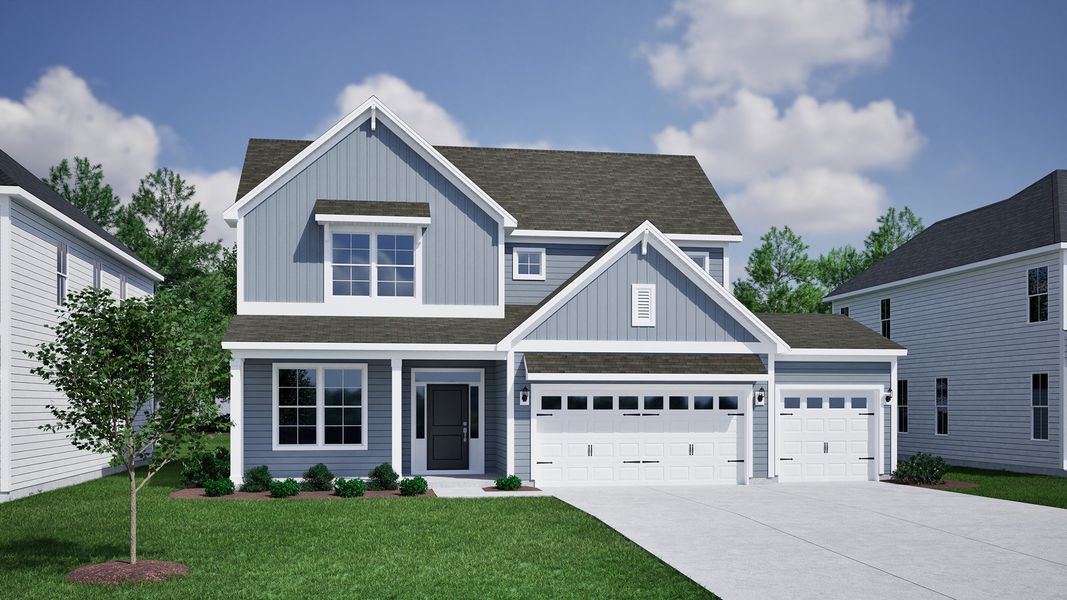 Front exterior of a new home in Timberland Grove, Anderson, SC, highlighting curb appeal (Image 1). Front exterior of a new home in Timberland Grove, Anderson, SC, highlighting curb appeal (Image 1).