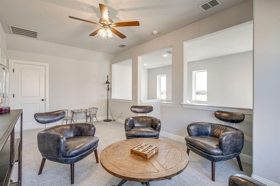 Living area with a ceiling fan