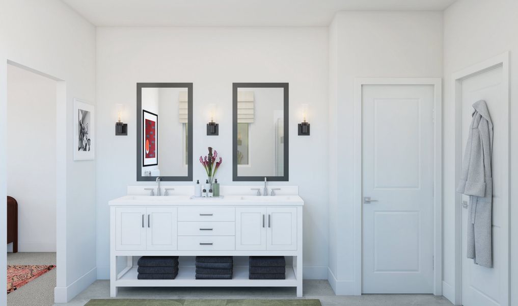 Primary bath with freestanding vanity and dual sinks