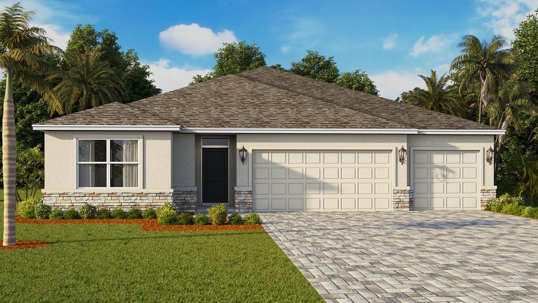 Front exterior of a new home in Indian River Preserve, Mims, FL, highlighting curb appeal (Image 1). Front exterior of a new home in Indian River Preserve, Mims, FL, highlighting curb appeal (Image 1).
